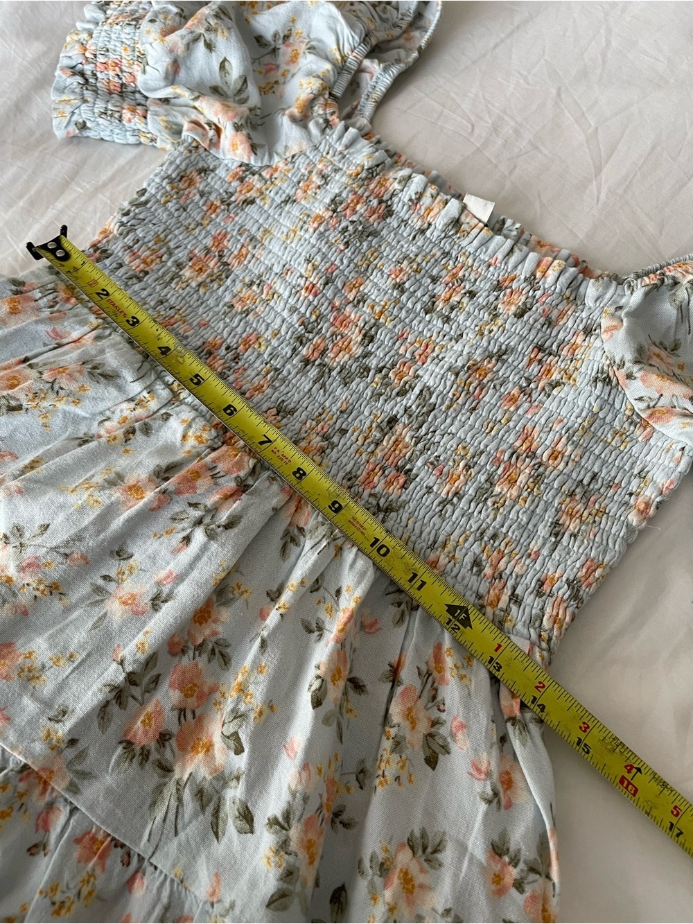 American Eagle Picnic Pretty Puff-Sleeve Dress. Floral Smocked linen blend - Picture 8 of 12